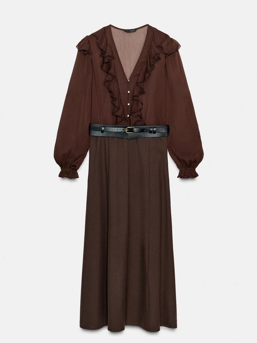 Zara NWT Chocolate Brown Long Sleeve Ruffle  Dress No Belt Size XS Ref 8372/021